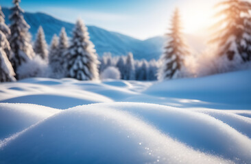 winter forest, snowdrifts, trees, mountains and beautiful sunlight