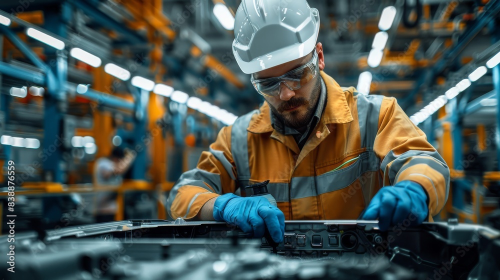 Aufkleber the worker is wearing protective glasses, while working on the battery of an electric car in a moder