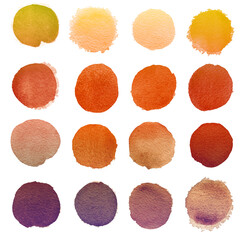 Set of brown watercolor circles isolated on a white background. Watercolour brown, red, yellow, coffee circles