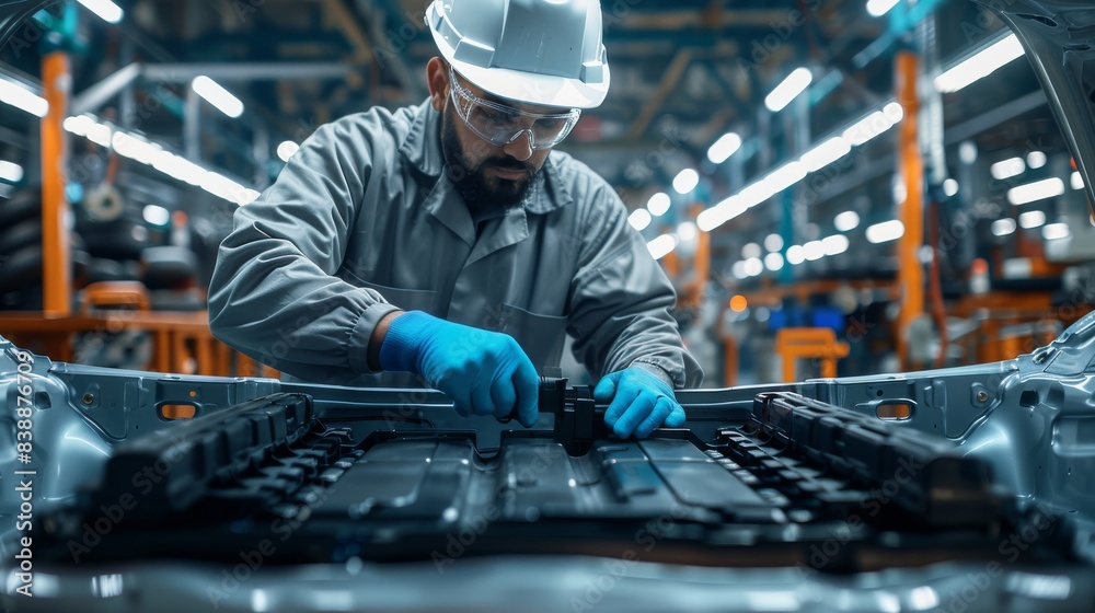Aufkleber the worker is wearing protective glasses, while working on the battery of an electric car in a moder