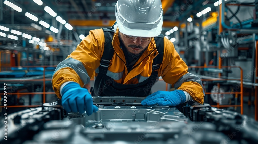Poster the worker is wearing protective glasses, while working on the battery of an electric car in a moder