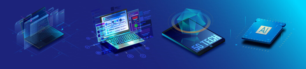 Isometric Illustration of 5G Technology with Laptop and Microchip, Isometric design of laptop, Isometric hologram 5g connection, microchip processor, 