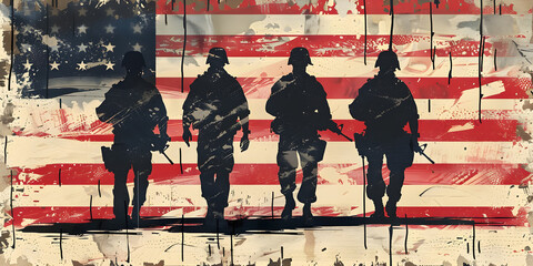 Silhouettes of USA soldiers in front of the American flag with a graphic design touch, representing patriotism and honor. Suitable for military appreciation events and Veterans Day.