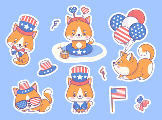 Independence Day stickers. Cute patriotic cats dressed in clothes and accessories for party in colors of American flag. Isolated Funny holiday cartoon kawaii character. Vector illustration
