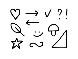 Set of hand-drawn doodle elements. Hand-drawn heart, leaf, mushroom, arrows, star, triangle isolated on white. Basic figures set illustration
