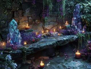 Enchanting Witch's Altar with Crystals, Herbs, and Candles in a Mysterious Setting