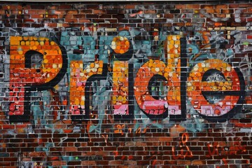 Fototapeta premium Graffiti PRIDE Text on Brick Wall, Urban and Colorful, Bold Street Art
