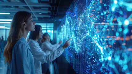 Fototapeta premium A group of young women in casual business attire were pointing at an interactive digital wall displaying data and analytics
