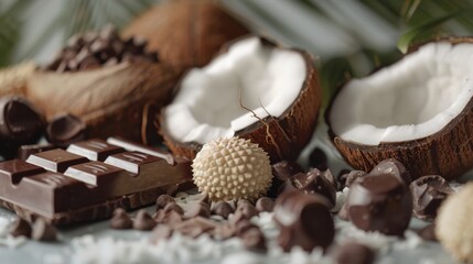 Plain background with coconut, durian, chocolate on clean table. Generative AI.