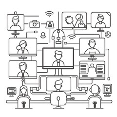 Fototapeta premium diagram of people doing remote work and video conferencing, outline vector illustrations with people