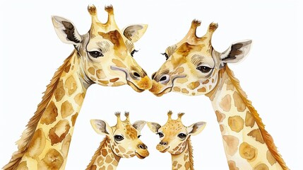Naklejka premium Gentle watercolor giraffe family, clipart isolated, showcasing love and tenderness for nursery art