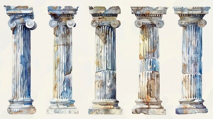 Obraz premium Majestic watercolor Greek columns, clipart isolated, for a touch of classical elegance and history