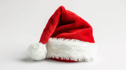 A red Santa hat with a white pompom, Christmas, Holidays, isolated, white background, celebrate, copy space, eve