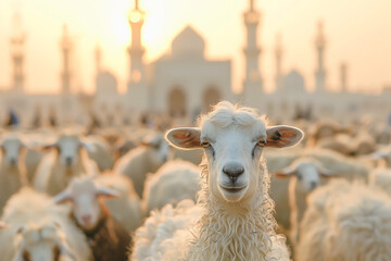 A flock of beautiful goats symbolizing sacrifice and faith, on Eid al-Adha, with soft morning sunlight and a mosque in the background