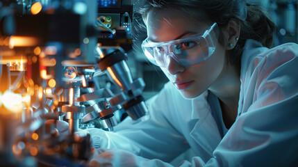 A female scientist working on an advanced machine in the laboratory,