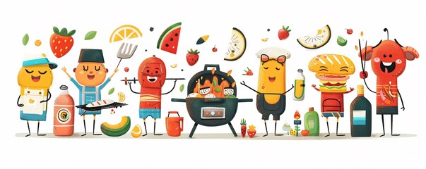 Fototapeta premium Playful character icon enjoying a barbecue, with grill and summer food items, set against a clean white background.