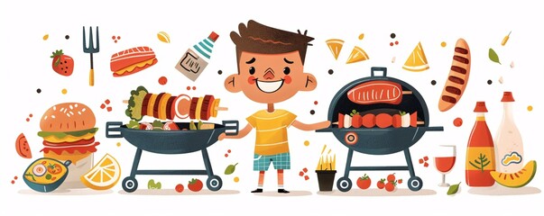 Playful character icon enjoying a barbecue, with grill and summer food items, set against a clean white background.
