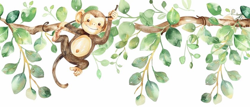 Watercolor clipart featuring a mischievous monkey swinging from a vine, isolated on a white background, bringing a playful jungle theme to nursery rooms