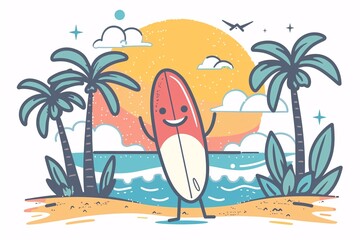 Colorful character icon holding a surfboard, ready to hit the waves, with a tropical beach scene, against a white background.