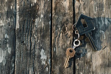 Old wooden table with a set of keys. Nostalgic and rustic. Perfect for representing security, home, or real estate. Detailed texture of weathered wood adding vintage charm. Generative AI