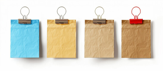 Four colorful binder clips holding different colored paper sheets on a white background, representing office supplies and organization.
