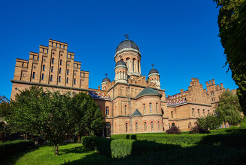 Fototapeta premium Chernivtsi National University. Metropolitans wing of ex Residence of Bukovinian and Dalmatian ones. Byzantine and Moorish architecture. Postcard style.