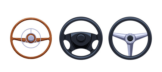 Collection Of Vintage And Modern Steering Wheels. Includes Wooden, Contemporary, And Racing Designs, Vector Illustration © Pavlo Syvak