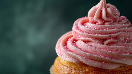 Close-up of a cupcake with pink frosting and sprinkles.