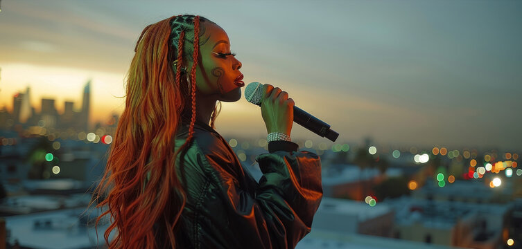 Female black rapper with long red hair holding a mic rapping on a rooftop overlooking city. Generative AI.