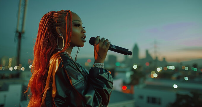 Female black rapper with long red hair holding a mic rapping on a rooftop overlooking city. Generative AI.