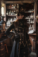 Dynamic portrait of a female steampunk mechanic with goggles and leather apron, standing in a workshop with vintage tools