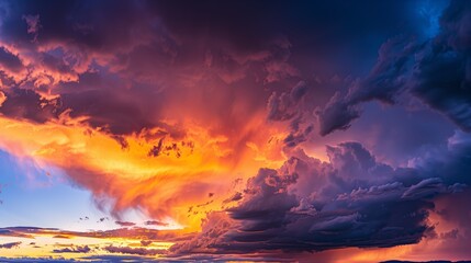 Fototapeta premium Panoramic photo of a sky with colorful clouds at sunset, capturing the vibrant hues and expansive view.