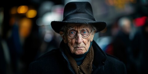 Elderly man wearing a hat and glasses, standing on a busy street