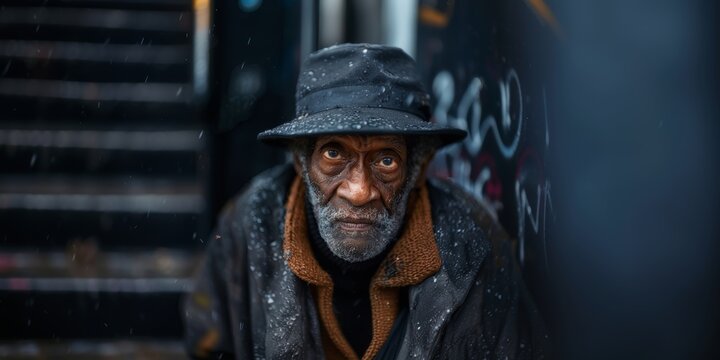Elderly man wearing a hat and coat, with graffiti in the background