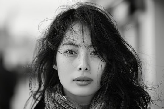 Black and white portrait of asian woman with long hair and a scarf
