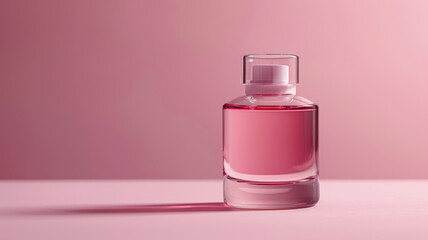 A pink perfume bottle on a pink background.