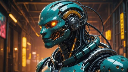 Fototapeta premium Cyborg head portrait, futuristic robot close-up