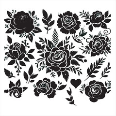 A collection of black silhouette vector pictures containing elegant roses and others with foliage clipart.