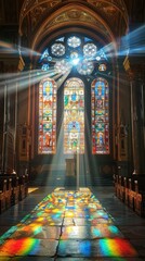 Luminous sun rays pierce through the vivid stained glass, creating a divine play of light and shadow inside the solemn church interior