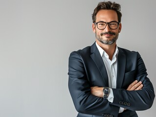 Business Senior Manager, Confident Executive arms crossed, Businessman studio shot, formal business happy smiling