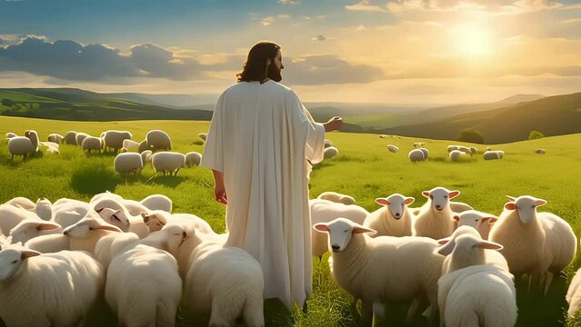 A bible jesus shepherd with his flock of sheep during sunset. Generative AI