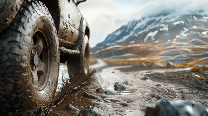 An SUV drives off-road against the backdrop of forests and mountains. Wheel in mud. Off-road. Traveling by car through the wild.