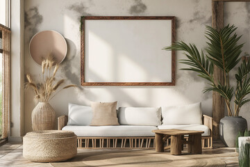 Mockup frame in a boho nomadic interior background with rural decorations