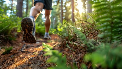 A person in athletic wear runs on a dirt path surrounded by lush green trees.