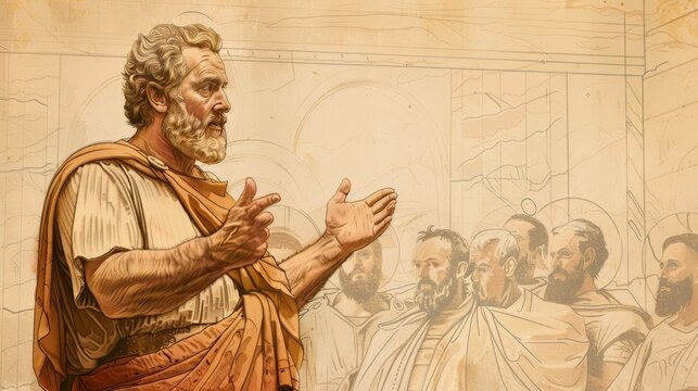 Apostle Paul Defending Faith Before King Agrippa - Biblical Illustration on Beige Background - Copyspace