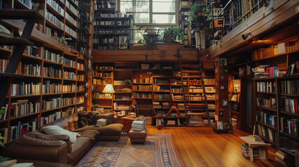 Obraz premium Rows of books line the shelves, offering a sanctuary of knowledge and imagination.