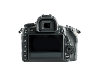 Back view Professional full-frame DSLR camera, PNG files of isolated cutout objects on transparent backgrounds. media technology and photography concepts.