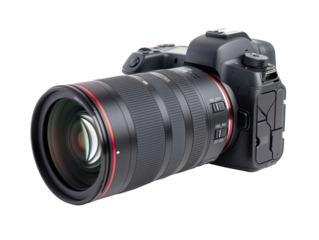 Side view of professional DSLR photo camera mirrorless body with zoom lens in various angles. PNG files of isolated cutout objects on transparent backgrounds. media technology and photography concepts