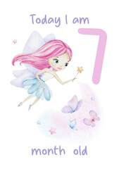 Baby Milestone Card of Cute little fairy, butterflies and stars. Baby's seven month. Seven months of baby girl. Monthly numbers cards. Newborn month postcard. Card for kids' photos.