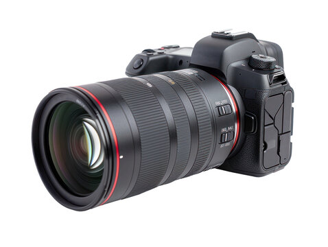 Side view of professional DSLR photo camera mirrorless body with zoom lens in various angles. PNG files of isolated cutout objects on transparent backgrounds. media technology and photography concepts